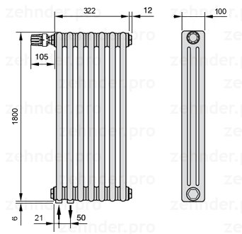 Схема (чертеж) Радиатор Zehnder Charleston 3180/7 №V001 Белый глянцевый RAL 9016